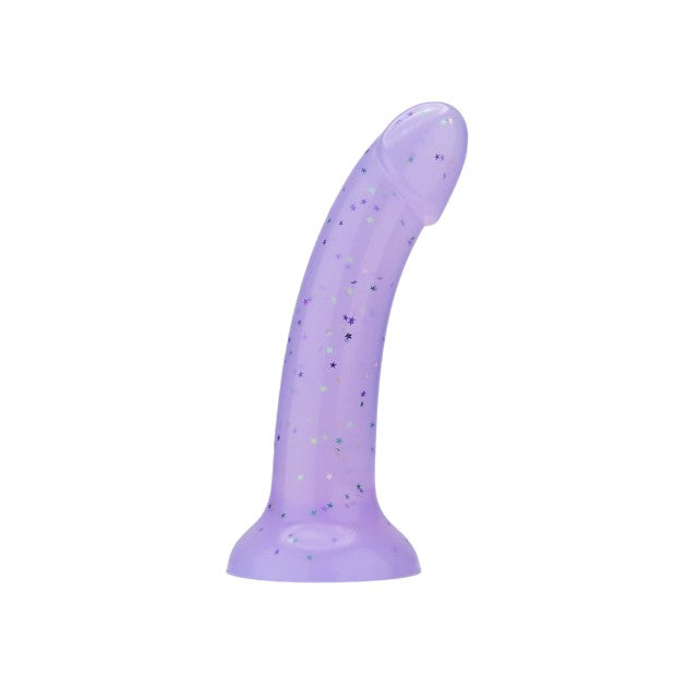 Dildo LovingJoy MINA STARLIGHT Silicone Dildo, bază cu ventuză pentru fixare, lungime inserabilă 15 cm, mov cu stelute