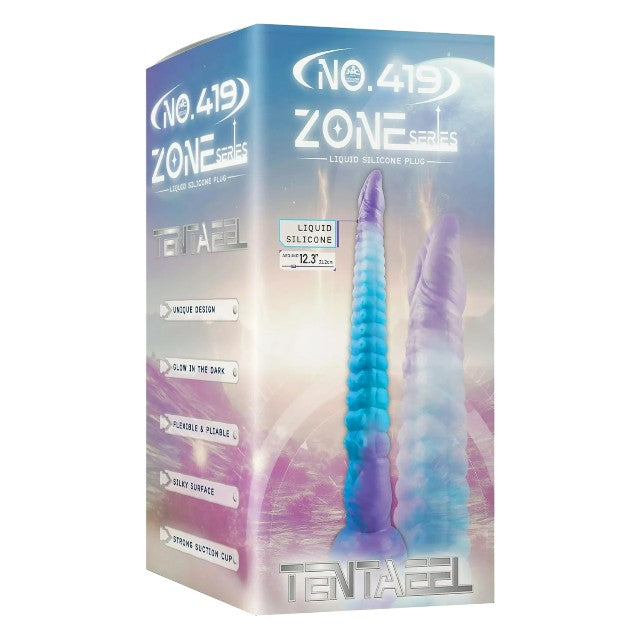 Dildo monster NO. 419 ZONE Series TENTAEEL, în formă de tentacul, fosforescent, bază cu ventuză, 31.2 cm, albastru cu mov