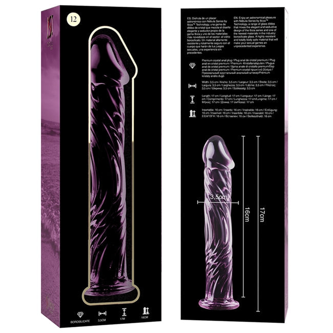 Dildo realist IBIZA Nebula Model 12, din sticlă borosilicată, lungime inserabilă 16 cm, diametru 3.5 cm, roz transparent