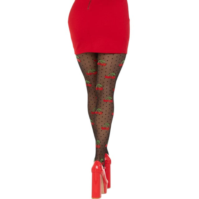 Dresuri LEG AVENUE Cherry Mole Stockings, design cu buline și cireșe roșii, culoare negru, mărime universală