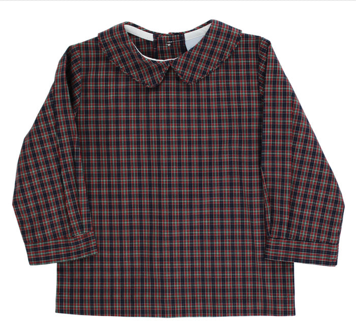 The Durham Christmas Plaid Peter Pan Collar Shirt by Bailey Boys brings festive charm to your little one’s wardrobe. Its crisp collar and classic plaid design create a timeless holiday look, perfectly paired with the Red Corduroy Jon Jon for unforgettable sibling moments this season.