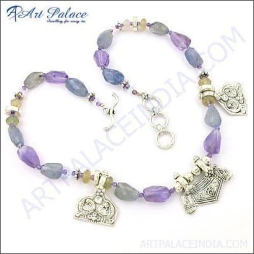 Elegant Traditional Multi-Gemstone Silver Necklace - Handcrafted