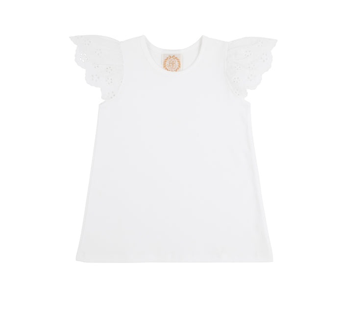 Elevate her wardrobe with Ellen's Eyelet White Knit Top by The Beaufort Bonnet Company. The darling eyelet flutter short sleeves add a touch of charm to this classic design, making it a versatile closet staple for spring and summer. A must-have for every little fashionista!