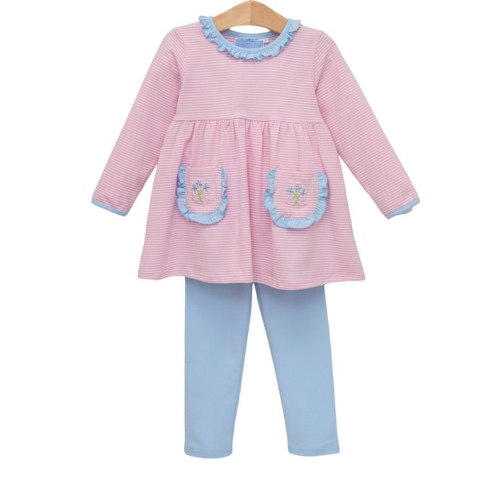 The Flower Bouquet Pant Set by Trotter Street Kids combines soft pink and white stripes with charming flower appliqués and light blue accents. Its cozy leggings and tunic with handy pockets create a delightful outfit that’s as playful as it is comfortable!