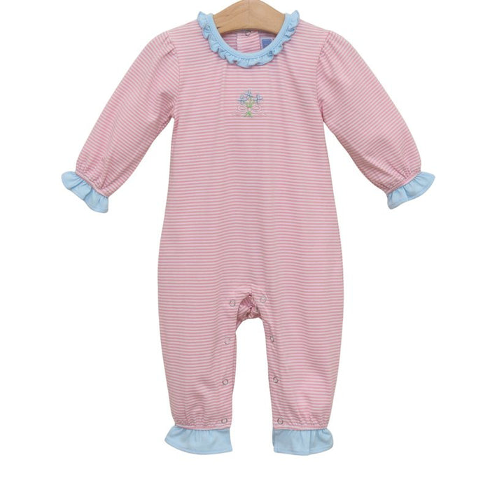 Bring joy to chilly days with the Flower Bouquet Romper by Trotter Street Kids. Soft pink and white stripes paired with delicate blue ruffles and a charming flower appliqué create a cozy, playful outfit that keeps little ones warm and stylish for every adventure!