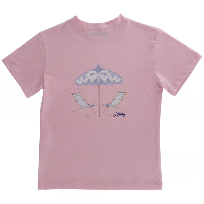 Embrace the sun and joy of beach days with the Girls Beach Chairs Tee by J Bailey! This delightful pink knit tee, adorned with a charming beach chair design on the back, is a must-have for young beach lovers. Let your little ones express their passion for adventure and fun in the sun!