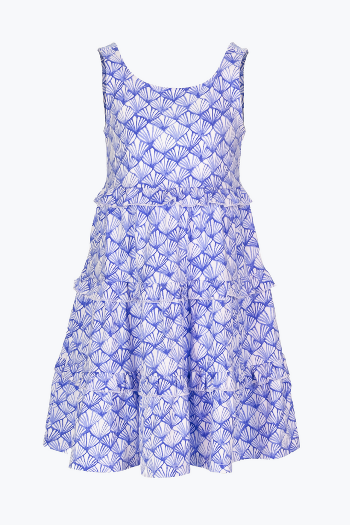 This Girls Dazzling Shells Ruffle Lucy Dress from Duffield Lane is the perfect addition to any little girl's summer wardrobe. Made of 100% cotton, this dress features a tiered skirt and sleeveless silhouette, adorned with a beautiful blue and white shell design. Breezy and classic, it will keep her looking stylish and feeling comfortable all season long.