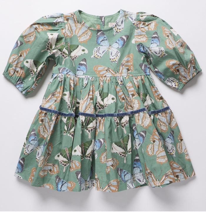 Pink Chicken’s Girls Maribelle Dress in Green Butterflies brings playful elegance to every twirl. The delicate butterfly print and navy velour ribbon trim create a charming look that delights and inspires confidence in every step. Perfect for joyful moments and unforgettable memories!