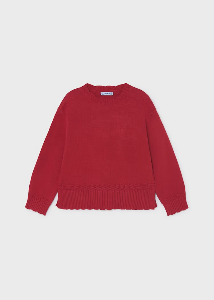 Introduce your daughter to timeless elegance with this Girls Scallop Hem Sweater from Mayoral. Crafted in a classic red hue, this piece combines everyday wearability with feminine charm. The signature scalloped hemline adds a whimsical touch that sets it apart—perfect for layering over collared shirts or pairing with school uniforms. Ideal for girls and tweens seeking a versatile staple that bridges casual and dressy occasions.