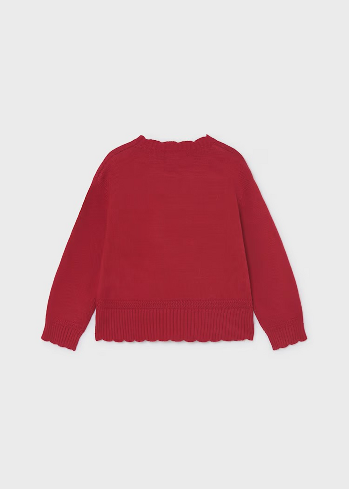Introduce your daughter to timeless elegance with this Girls Scallop Hem Sweater from Mayoral. Crafted in a classic red hue, this piece combines everyday wearability with feminine charm. The signature scalloped hemline adds a whimsical touch that sets it apart—perfect for layering over collared shirts or pairing with school uniforms. Ideal for girls and tweens seeking a versatile staple that bridges casual and dressy occasions.