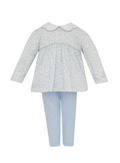 Soft knit legging set in a charming tiny blue floral print, perfect for everyday wear and special occasions. This Petit Bebe set features a classic peter pan collar and long sleeves, offering timeless style for toddler girls. The comfortable knit fabric moves with her, making it an ideal choice for active days and dress-up moments alike.