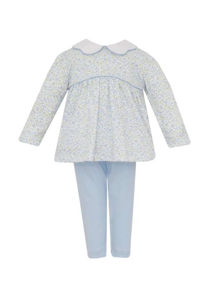 Soft knit legging set in a charming tiny blue floral print, perfect for everyday wear and special occasions. This Petit Bebe set features a classic peter pan collar and long sleeves, offering timeless style for toddler girls. The comfortable knit fabric moves with her, making it an ideal choice for active days and dress-up moments alike.