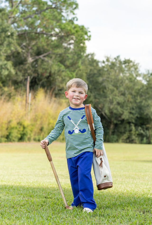 Trotter Street Kids’ Golf Appliqué Pant Set brings autumn playtime to life with its vibrant green and blue striped top featuring a charming golf appliqué, paired with soft blue pants. Designed for toddler boys, it offers cozy comfort and effortless style for every adventure!