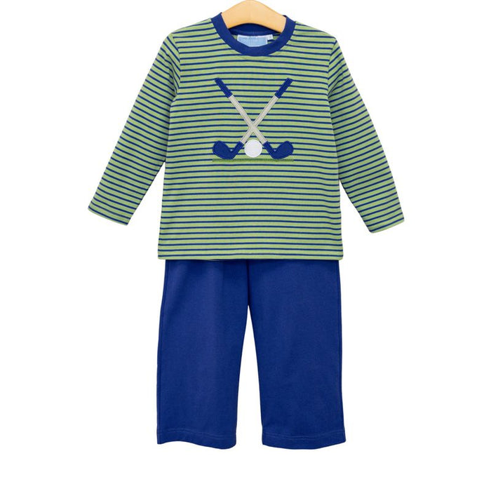 Trotter Street Kids’ Golf Appliqué Pant Set brings autumn playtime to life with its vibrant green and blue striped top featuring a charming golf appliqué, paired with soft blue pants. Designed for toddler boys, it offers cozy comfort and effortless style for every adventure!