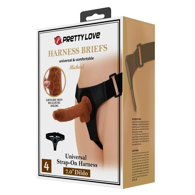 Ham Strap-On PRETTY LOVE universal cu dildo realist inclus MICHEAL, culoare maro, 20 cm