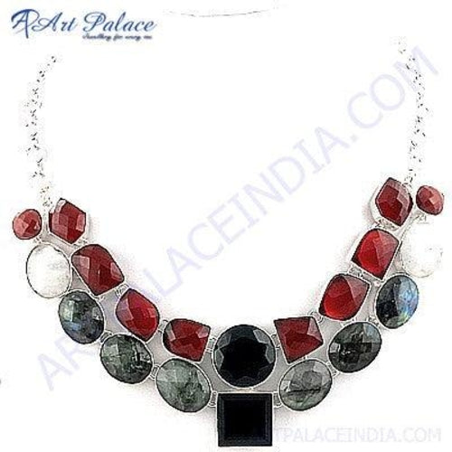 Handmade Unique Multi-Stone German Silver Necklace - Made in India