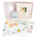 Charming keepsake boxed set for your baby's moments and milestones includes a baby book for photos and journaling, stickers for scrapbooking, 13 monthly photo markers, and storage box for mementos. Personalize the cover with a photo of your baby, and use helpful prompts to write about birthdays, firsts, family, feelings, and more. Monthly entries for the first year, then pages for the years two and three. This Boho, rainbow-themed baby book is perfect for your little girl. A must have for any expecting pare