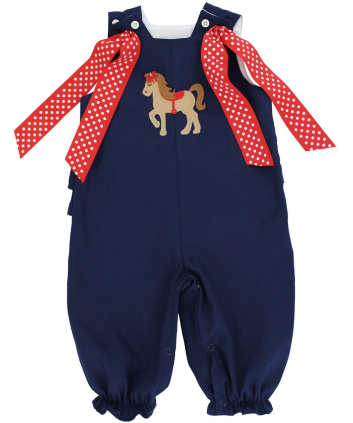 Dress your little one in charm and comfort with the Horse Appliqué Long Bubble by Bailey Boys. The navy fabric highlights a delightful horse appliqué, while red ribbon bows add a playful touch—perfect for making every moment unforgettable! Ready to inspire smiles wherever she goes?