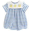 Introduce your little one to adorable style with this charming Ducky Days Bubble from Bailey Boys. Crafted in soft blue and white knit, this bubble features a crisp white square collar and delightful embroidered yellow ducklings that capture the sweetness of childhood. Perfect for playdates or casual outings, this timeless piece combines comfort with whimsical charm that parents adore. A wardrobe essential that brings joy to every wear.