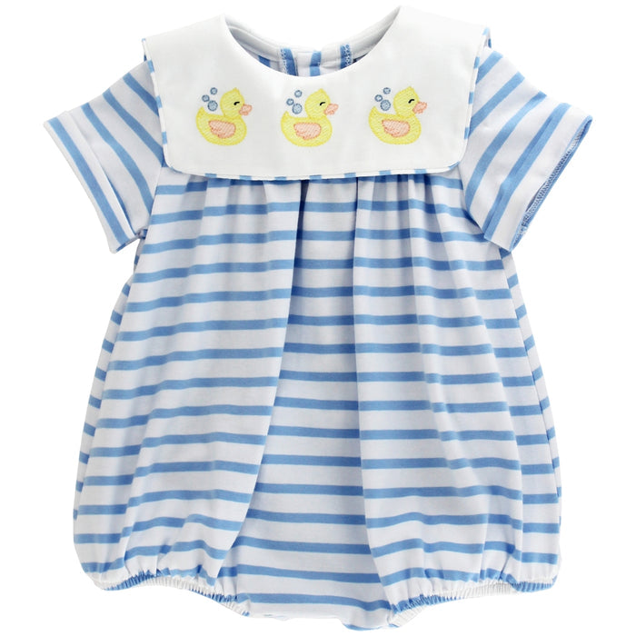 Introduce your little one to adorable style with this charming Ducky Days Bubble from Bailey Boys. Crafted in soft blue and white knit, this bubble features a crisp white square collar and delightful embroidered yellow ducklings that capture the sweetness of childhood. Perfect for playdates or casual outings, this timeless piece combines comfort with whimsical charm that parents adore. A wardrobe essential that brings joy to every wear.