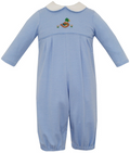 Infant Boys Knit Striped Mallard Long Romper by Petit Bebe combines classic style with playful detail. Soft knit fabric features mini blue and white stripes throughout, anchored by a charming embroidered mallard duck centered on the chest. Perfect for cooler months, this long-sleeved romper offers comfort and character for special occasions or everyday wear.&nbsp;