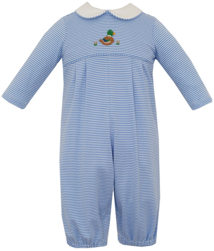 Infant Boys Knit Striped Mallard Long Romper by Petit Bebe combines classic style with playful detail. Soft knit fabric features mini blue and white stripes throughout, anchored by a charming embroidered mallard duck centered on the chest. Perfect for cooler months, this long-sleeved romper offers comfort and character for special occasions or everyday wear.&nbsp;