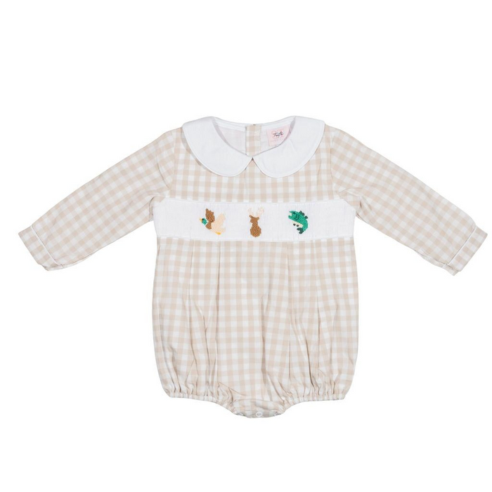 Infant Boys Noah Bubble - Smocked Ranchin'- featuring ranchin' animals in hunting and fishing scenes pairs perfectly with coordinating gingham print for a timeless, versatile look.&nbsp; Designed for little adventurers who love the great outdoors.