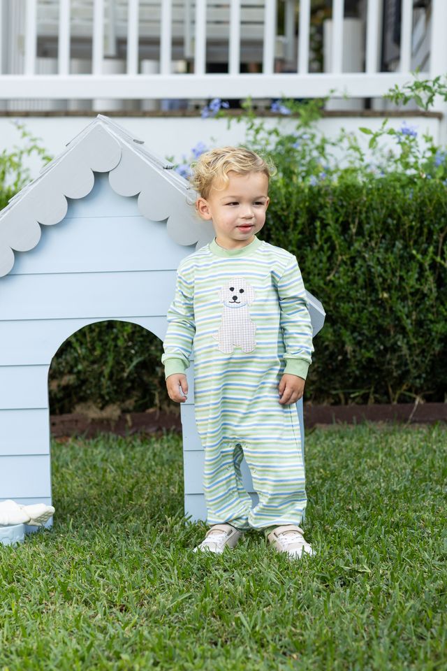 The Boys Puppy Romper by Trotter Street Kids blends playful stripes with a charming puppy appliqué, perfect for infant boys’ school days or playdates. Soft, colorful, and comfortable, it keeps your little one ready for every adventure with joy and style!