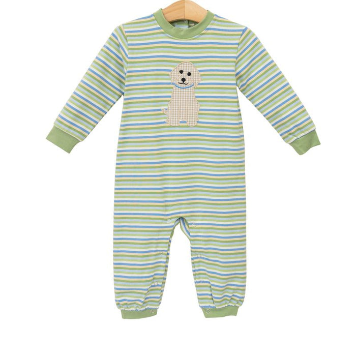 The Boys Puppy Romper by Trotter Street Kids blends playful stripes with a charming puppy appliqué, perfect for infant boys’ school days or playdates. Soft, colorful, and comfortable, it keeps your little one ready for every adventure with joy and style!