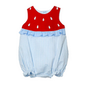 This irresistible Infant GIrl's Hayden Watermelon Bubble from Zuccini Kids showcases a classic blue and white check pattern, beautifully complemented by a charming watermelon appliqué and ruffle detail. Perfect for summer outings, family photos, or special occasions, this adorable bubble will keep your little one looking stylish while staying comfortable in the warm weather. Don't miss the chance to dress your baby in this season's most delightful summer essential! Sibling matches available!
