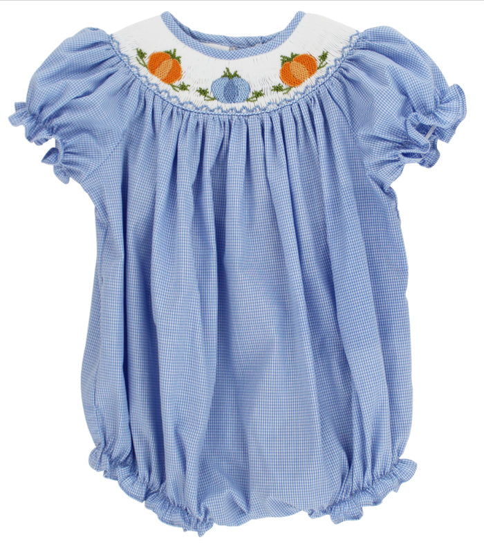 Celebrate autumn’s charm in the Infant Girls Pumpkin Patch Bishop Bubble by Bailey Boys. The delicate blue mini check and exquisite pumpkin smocking capture the season’s warmth, making every pumpkin patch adventure irresistibly sweet and memorable.
