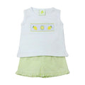Get your little one ready for summer with the Lemon Blair Smocked Short Set from Zuccini Kids! This adorable set features a knit top with smocked lemon details for a touch of sweetness. The coordinating lime green and white seersucker ruffle edge shorts add a pop of color and summer vibes.!