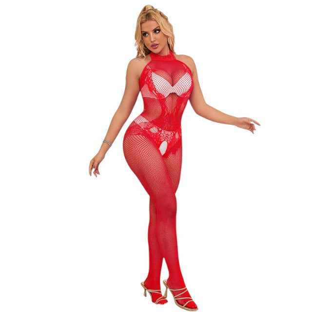 Lenjerie bodystocking Subblime - Crotchless, model 952372, tip plasa, rosu, marime universala