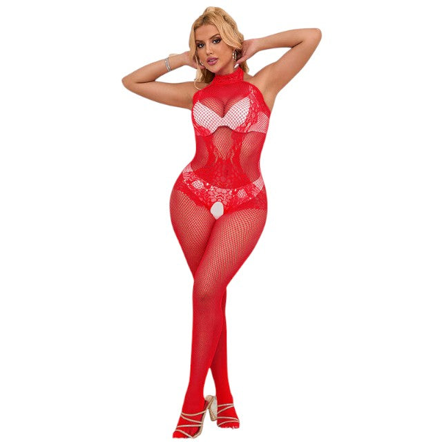 Lenjerie bodystocking Subblime - Crotchless, model 952372, tip plasa, rosu, marime universala