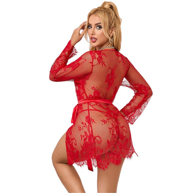 Lenjerie set 2 piese Subblime rosu 953775, model cu halat cu dantela si chilot tanga, marime S/M