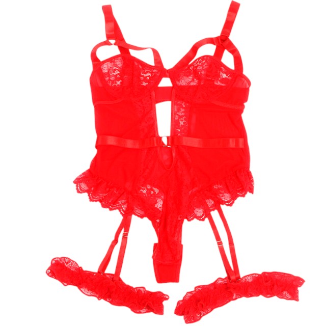 Lenjerie sexy SUBBLIME Teddy with Garter, body din dantelă cu bretele și portjartier, culoare roșu, marime L/XL