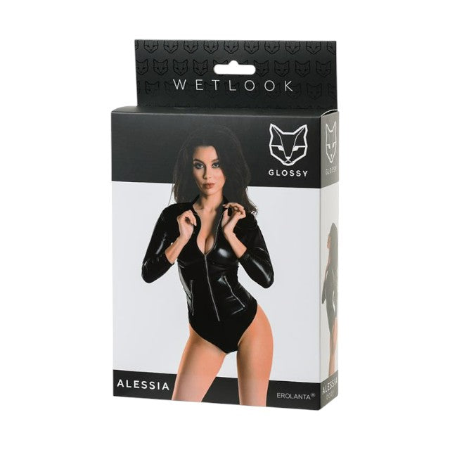 Lenjerie sexy teddy Glossy Wetlook - ALESSIA , material lucios, negru, mărimea XL
