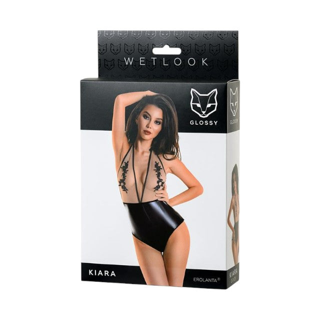 Lenjerie sexy teddy Glossy Wetlook - KIARA, din material lucios și plasă, negru și transparent, mărime XL