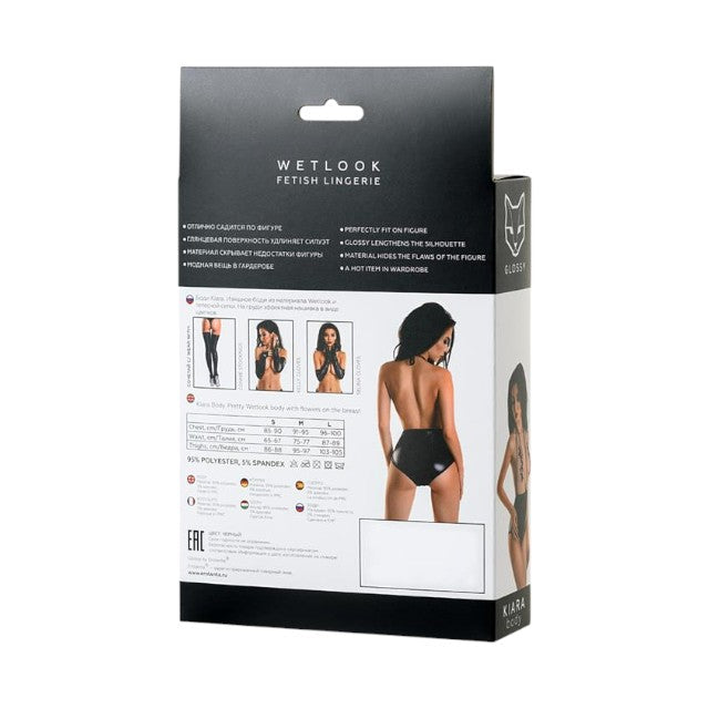Lenjerie sexy teddy Glossy Wetlook - KIARA, din material lucios și plasă, negru și transparent, mărime XL
