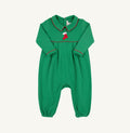 The Beaufort Bonnet Company’s Long Sleeve Bradford Romper in Kiawah Kelly Green / Richmond Red / Stocking wraps your little one in cozy warmth and timeless charm. Its heavy-weight fabric and full coverage make it perfect for cooler days, while the Peter Pan collar with red piping adds a sweet, festive touch for portraits and play.