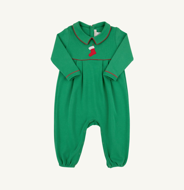 The Beaufort Bonnet Company’s Long Sleeve Bradford Romper in Kiawah Kelly Green / Richmond Red / Stocking wraps your little one in cozy warmth and timeless charm. Its heavy-weight fabric and full coverage make it perfect for cooler days, while the Peter Pan collar with red piping adds a sweet, festive touch for portraits and play.