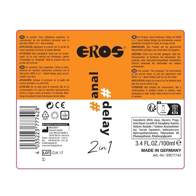 Lubrifiant anal, Eros Anal - Delay, 2 in 1, pe bază de apă, cu efect de întârziere, 100 ml