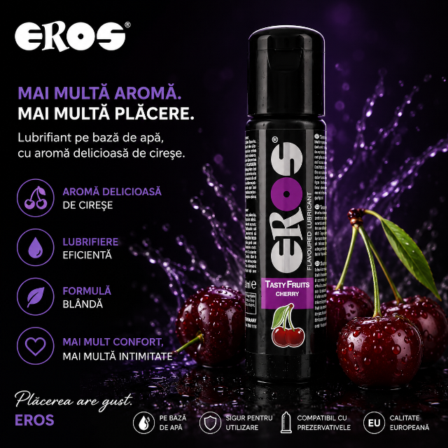 Lubrifiant cu aromă EROS Tasty Fruits Cherry, pe bază de apă, fără parabeni, aromă de cireșe, 100 ml