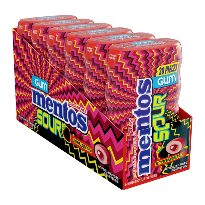 Mentos Sour Strawberry Sugarfree Gum (case) 6 x 56g - Out of Date