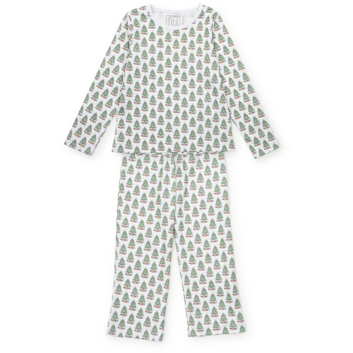 Dress your little one in holiday cheer with the Millie Girls' Lounge Pant Set from Lila &amp; Hayes. Crafted from soft, breathable pima cotton, this long-sleeved top and pant set features a charming Christmas Tree print that’s perfect for festive mornings. Delicate white piping around the neckline adds a touch of refinement, while the elastic waistband ensures a comfortable fit all day long. Ideal for cozy winter days, this set combines playful style with all-day comfort for your joyful holiday moments.