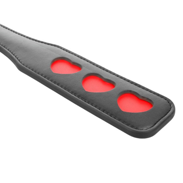 Paleta KINK - HEART, pentru jocuri erotice BDSM, din piele cu inimioare, negru/rosu, 32 X 6 CM