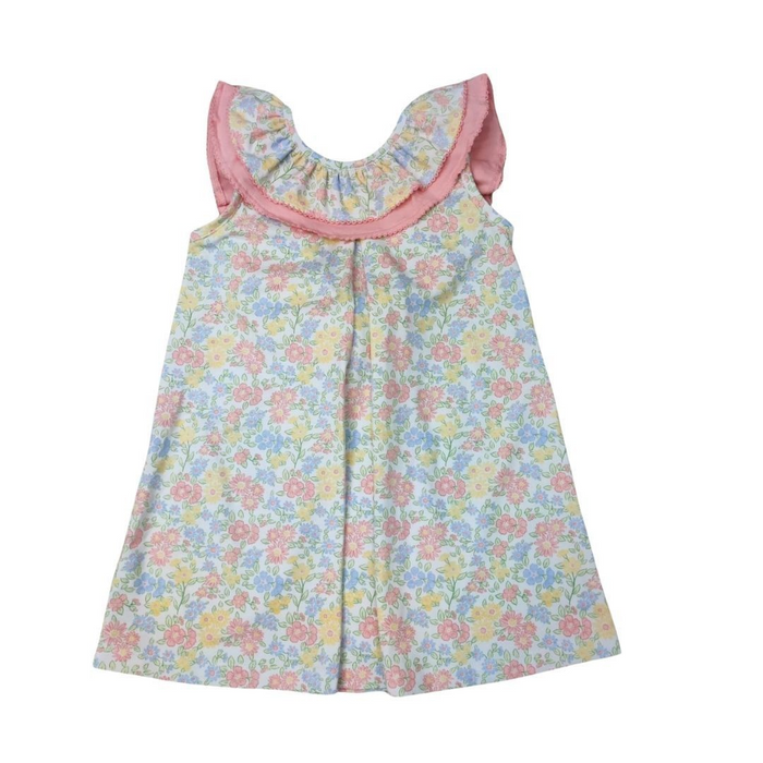 Get ready for spring with our Pastel Floral Dress with Back Bow from Delaney! This dress features a stunning pastel floral design, with a ruffle collar that wraps around to the back and connects with a delicate bow. Your little girl will look absolutely adorable in this dress, perfect for any occasion!&nbsp;