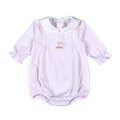 Soft Pima cotton bubble with delicate pink and white stripes and a charming peter pan collar. Hand-embroidered lamb detail adds whimsical appeal. Perfect for special occasions or everyday elegance. From Baby Loren's signature collection.