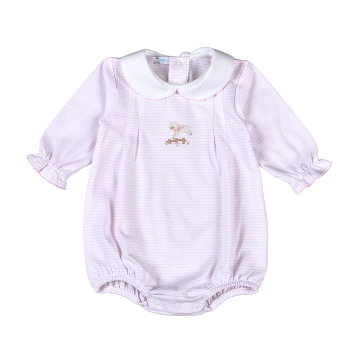 Soft Pima cotton bubble with delicate pink and white stripes and a charming peter pan collar. Hand-embroidered lamb detail adds whimsical appeal. Perfect for special occasions or everyday elegance. From Baby Loren's signature collection.