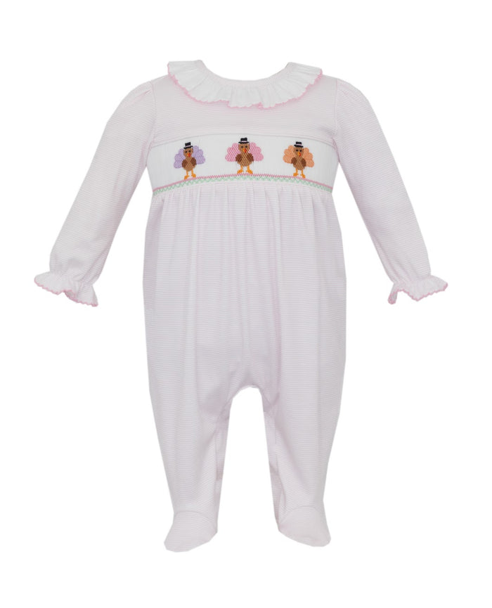 Petit Bebe’s Pink Knit Striped Turkey Smocked Long Romper brings warmth and charm to every Thanksgiving moment. Crafted with cozy knit fabric and delicate turkey smocking, it wraps your little one in comfort and festive spirit, whether with footies for infants or an easy fit for older babies!

Footie - 3m, 6m

Footless Romper - 9m, 12m, 18m, 24m